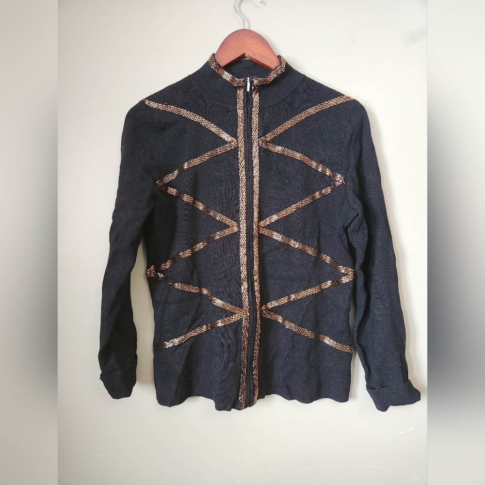 Belldini Black Zip Front Sweater Jacket with Gold Beaded Accents Medium